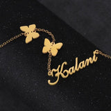 Double Butterfly Chain Necklace Stainless Steel Nameplate Pendants for Women