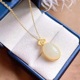 Silver Inlaid Hetian Jade Oval Pendant Necklace Retro Chinese Charm Jewelry