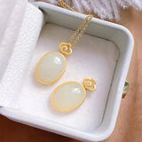Silver Inlaid Hetian Jade Oval Pendant Necklace Retro Chinese Charm Jewelry