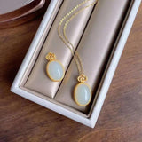 Silver Inlaid Hetian Jade Oval Pendant Necklace Retro Chinese Charm Jewelry