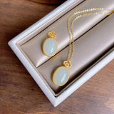 Silver Inlaid Hetian Jade Oval Pendant Necklace Retro Chinese Charm Jewelry