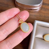 Silver Inlaid Hetian Jade Oval Pendant Necklace Retro Chinese Charm Jewelry