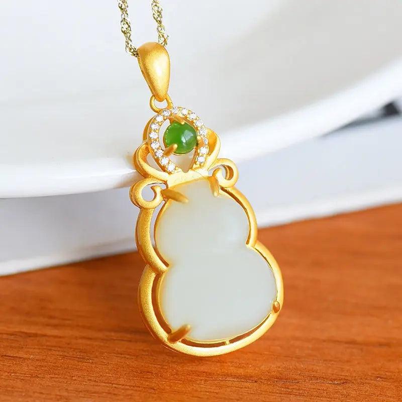 Silver Inlaid Hetian Chalcedony Fulu Gourd Pendant Retro Ethnic Women's Jewelry