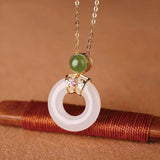 Chinese Retro Chalcedony Pendant Necklace Silver Inlaid Gilded Charm Women