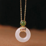 Chinese Retro Chalcedony Pendant Necklace Silver Inlaid Gilded Charm Women