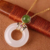 Chinese Retro Chalcedony Pendant Necklace Silver Inlaid Gilded Charm Women
