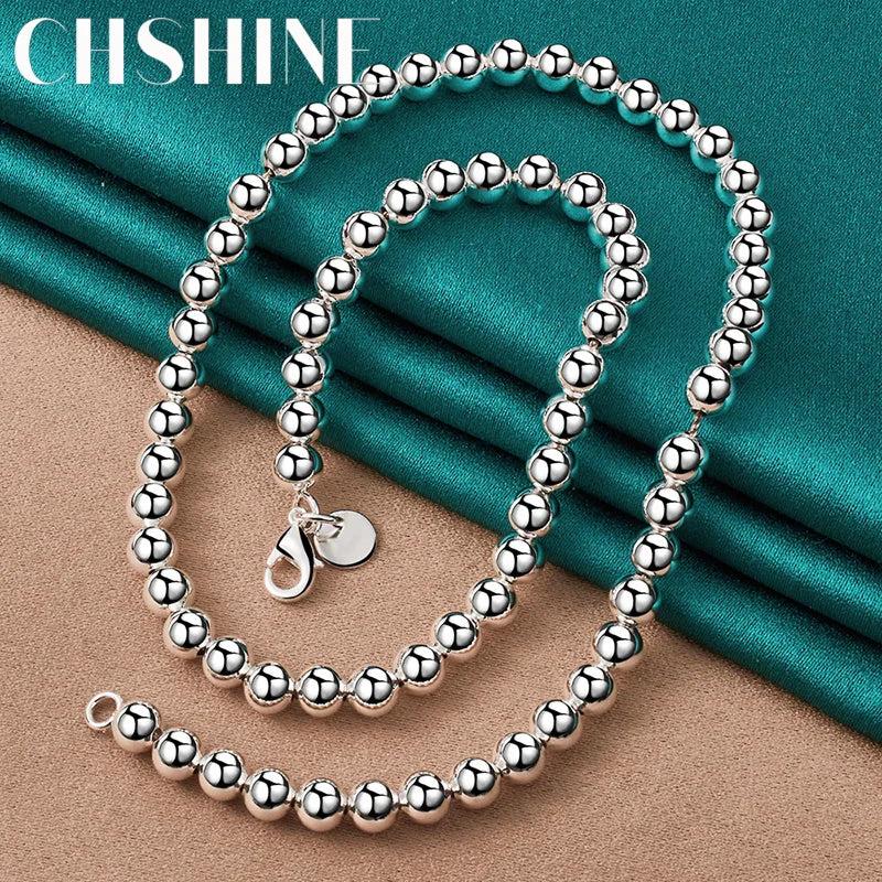 925 Sterling Silver 6MM Beaded Necklace Women Wedding Jewelry