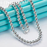 925 Sterling Silver 6MM Beaded Necklace Women Wedding Jewelry