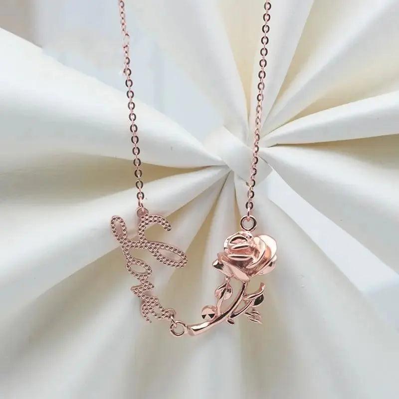 Purple Glossy Rose Flower Necklace 14K Rose Plated Wedding Jewelry