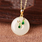 Silver Inlaid Hetian Jade Plant Pendant Necklace Enamel Charm