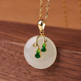Silver Inlaid Hetian Jade Plant Pendant Necklace Enamel Charm