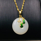 Silver Inlaid Hetian Jade Plant Pendant Necklace Enamel Charm