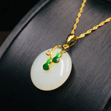 Silver Inlaid Hetian Jade Plant Pendant Necklace Enamel Charm