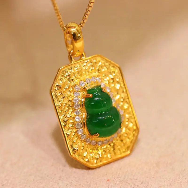 Vintage Natural Green Jade Gourd Necklace Pendant with Silver Inlay