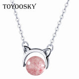 S925 Silver Kitten Strawberry Crystal Pendant Necklace