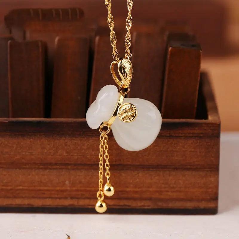 Silver Inlaid Hetian Chalcedony Bag Shape Pendant Necklace