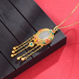 Silver Inlaid Natural Hetian Jade Pendant Flower Tassel Long Necklace