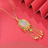 Silver Inlaid Natural Hetian Jade Pendant Flower Tassel Long Necklace