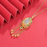 Silver Inlaid Natural Hetian Jade Pendant Flower Tassel Long Necklace