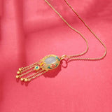 Silver Inlaid Natural Hetian Jade Pendant Flower Tassel Long Necklace
