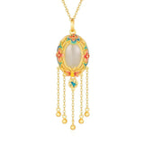 Silver Inlaid Natural Hetian Jade Pendant Flower Tassel Long Necklace