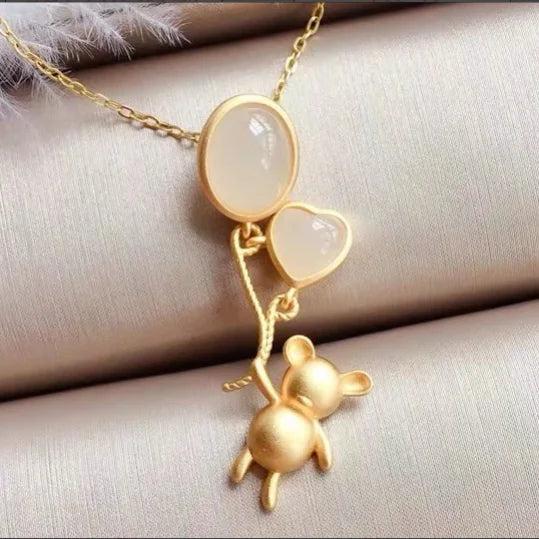 Silver Inlaid Chalcedony Clavicle Chain with Love Balloon Bear Pendant