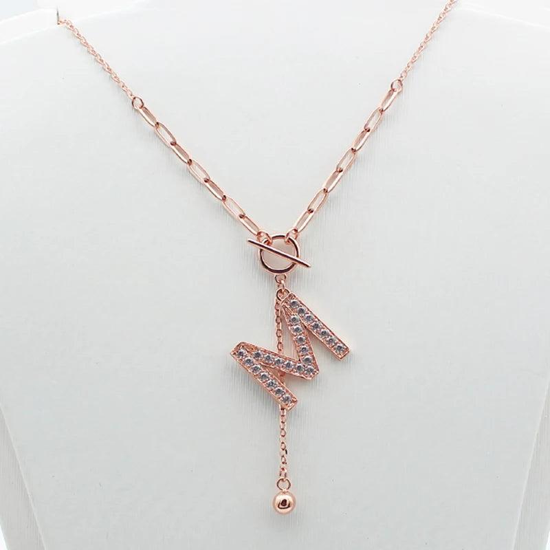14K Rose Gold Plated M Crystal Tassel Pendant Necklace for Women