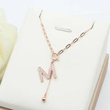 14K Rose Gold Plated M Crystal Tassel Pendant Necklace for Women