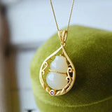 Silver Inlaid Hetian Jade Gourd Pendant Necklace Chinese Craft Jewelry