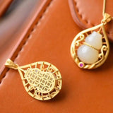Silver Inlaid Hetian Jade Gourd Pendant Necklace Chinese Craft Jewelry