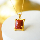 Red Tourmaline Pendant Necklace with Silver Inlay
