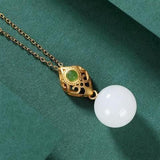 Silver Inlaid Hetian Jade Bead Pendant Necklace Chinese Retro Women's Jewelry