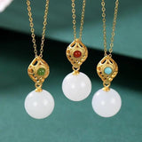 Silver Inlaid Hetian Jade Bead Pendant Necklace Chinese Retro Women's Jewelry