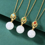 Silver Inlaid Hetian Jade Bead Pendant Necklace Chinese Retro Women's Jewelry