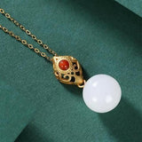 Silver Inlaid Hetian Jade Bead Pendant Necklace Chinese Retro Women's Jewelry