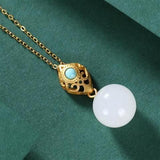Silver Inlaid Hetian Jade Bead Pendant Necklace Chinese Retro Women's Jewelry