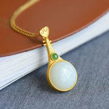 Silver Hetian Jade Pipa Pendant Necklace Chinese Retro Craft Women's Jewelry