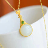 Silver Hetian Jade Pipa Pendant Necklace Chinese Retro Craft Women's Jewelry