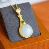 Silver Hetian Jade Pipa Pendant Necklace Chinese Retro Craft Women's Jewelry