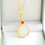 Silver Hetian Jade Pipa Pendant Necklace Chinese Retro Craft Women's Jewelry