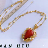 Natural South Red Agate silver inlaid drop-shaped charm pendant necklace