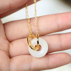Hetian Jade Double Ring Pendant Necklace with Inlaid Interlocking Design