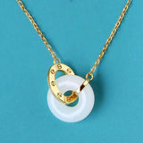 Hetian Jade Double Ring Pendant Necklace with Inlaid Interlocking Design