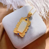 Vintage Chinese Silver Inlaid Hetian Jade Pendant Lapis Lazuli Women's Jewelry