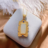 Vintage Chinese Silver Inlaid Hetian Jade Pendant Lapis Lazuli Women's Jewelry