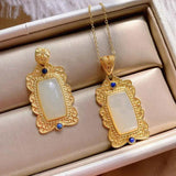 Vintage Chinese Silver Inlaid Hetian Jade Pendant Lapis Lazuli Women's Jewelry