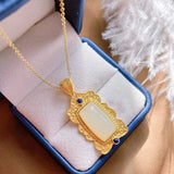 Vintage Chinese Silver Inlaid Hetian Jade Pendant Lapis Lazuli Women's Jewelry