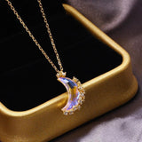 Crafted Crystal Moonstone Half Crescent Necklace