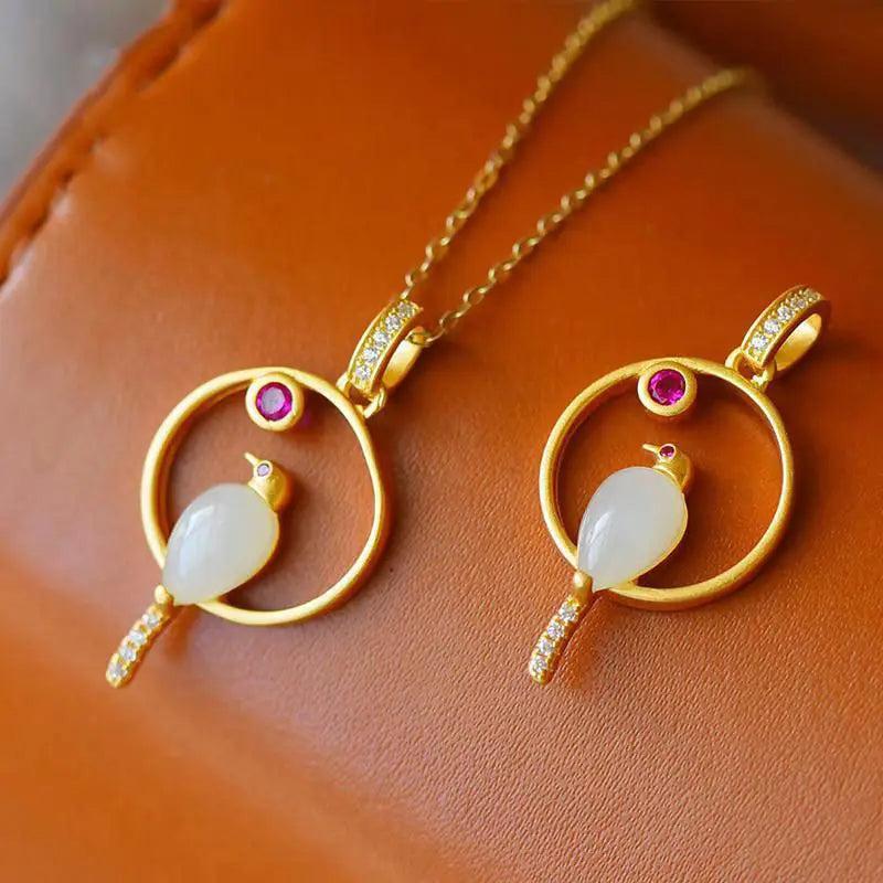 Silver Hetian Chalcedony Charm Pendant Necklace with Diamond