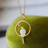 Silver Hetian Chalcedony Charm Pendant Necklace with Diamond